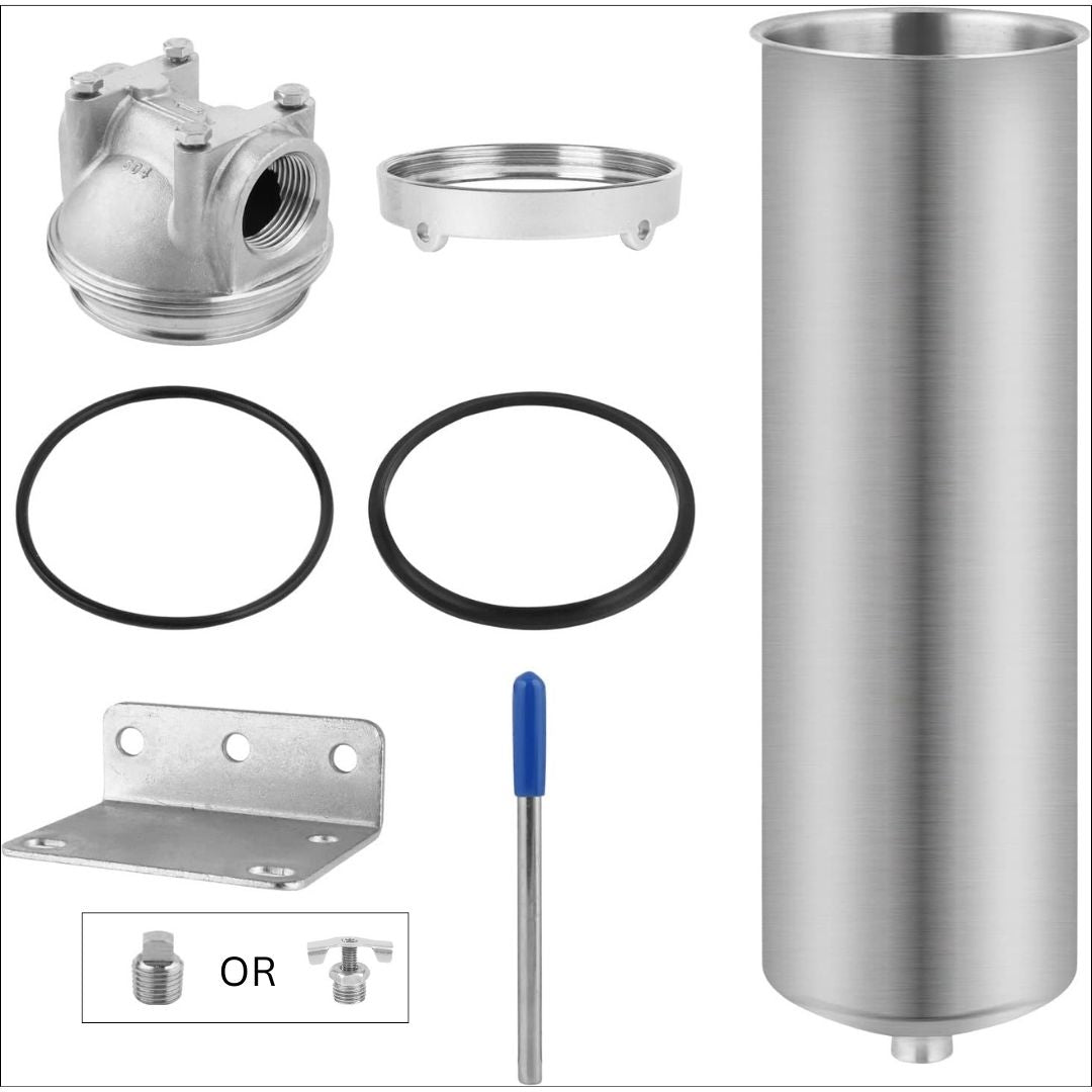 Amwater 10 inch single stage stainless steel filter housing with essential installation components, including O-rings, a mounting bracket, and other accessories