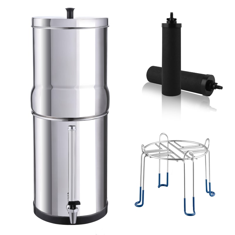 Amwater 1.5 Gallon Gravity-Fed Water Filtration System with Activated Carbon Filter, Stainless Steel Sight Glass Spigot and 8 inch Stand