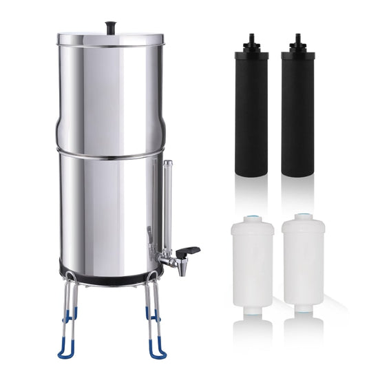 Amwater 2.25 Gallon Gravity-Fed Water Filtration System with Activated Carbon Filter, Fluoride Filter, Stainless Steel Sight Glass Spigot and 8 inch Stand